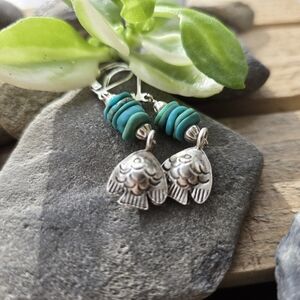 Turquoise Fish Charm Drop Earrings - Silver Tone